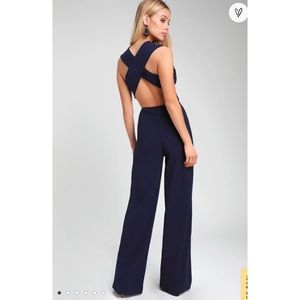 Lulu’s Thinking Out Loud Navy Blue Backless Jumpsuit